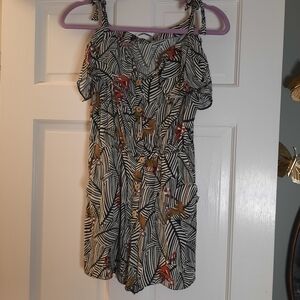 Zara Black and White Leaf Print Romper with Red and Tan‎ Details